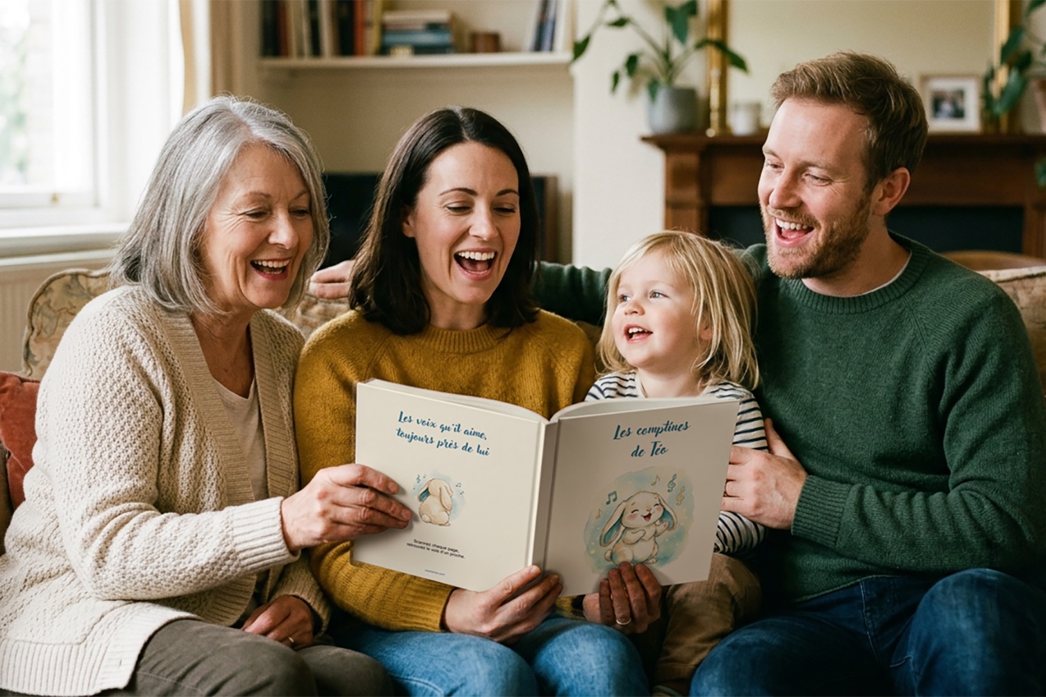 Une famille — grand-mère, parents et enfant — chante ensemble autour du livre Chante-moi