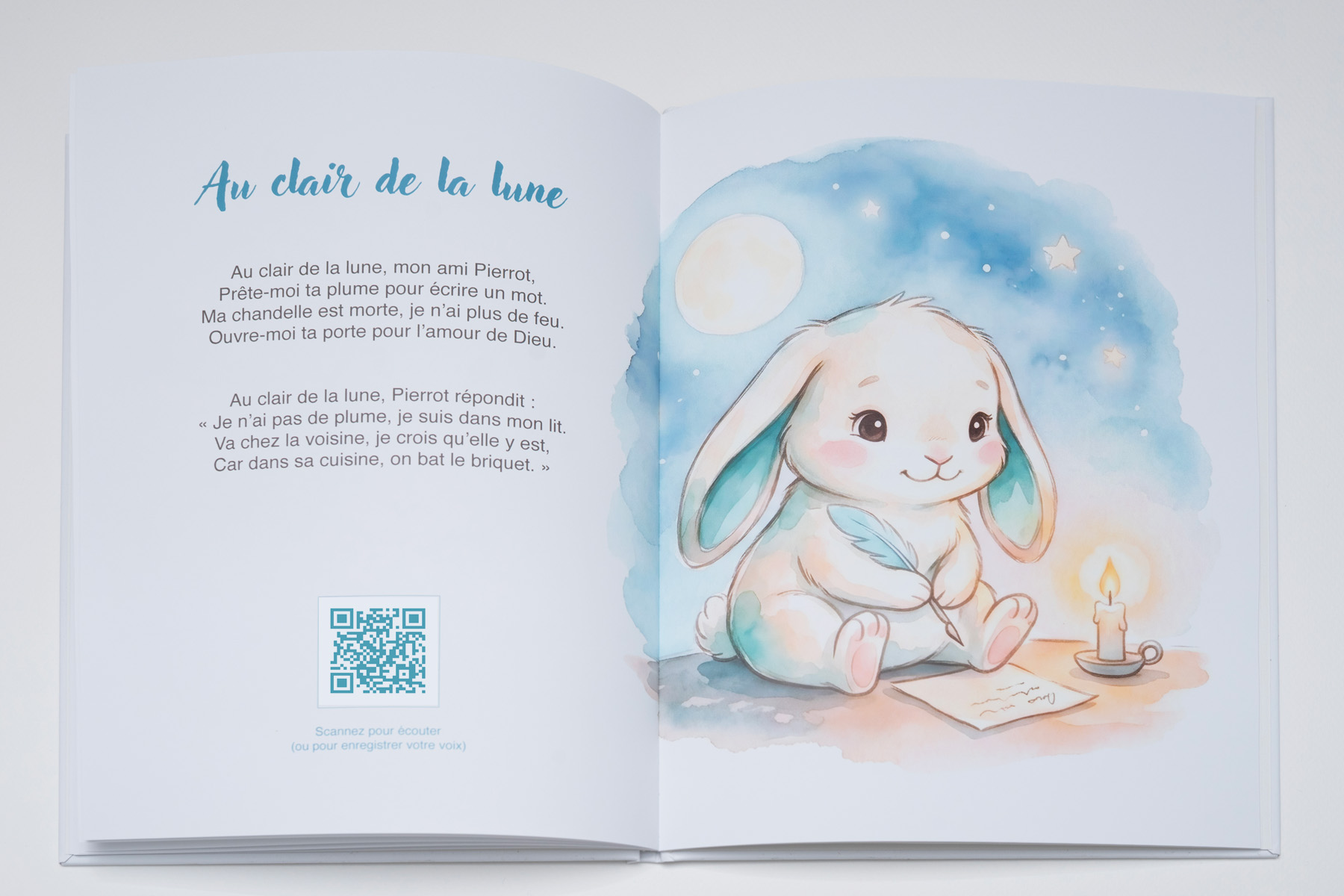 Double-page illustrée de la comptine « Au clair de la lune »