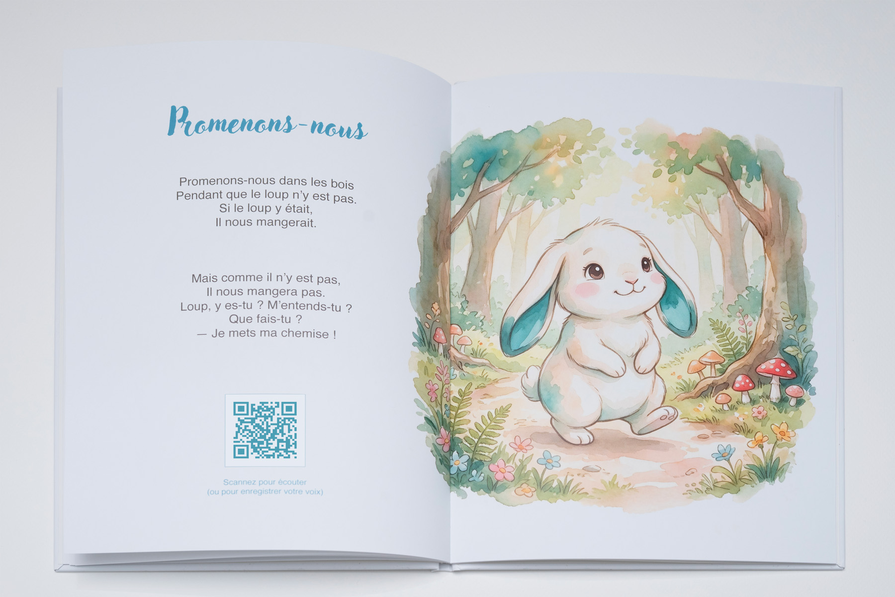 Double-page illustrée de la comptine « Promenons-nous dans les bois »