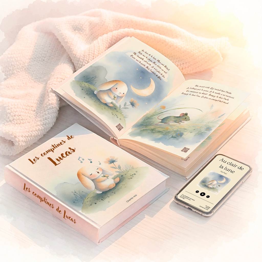 Le livre Chante-moi à côté d'un smartphone qui joue une comptine enregistrée par un proche