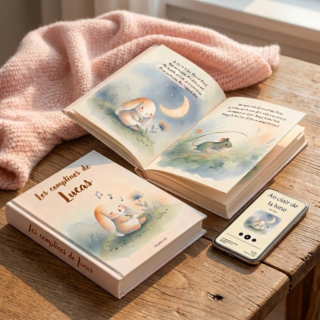 Le livre de comptines personnalisé Chante-moi, ouvert, avec un smartphone affichant la lecture audio d'une comptine