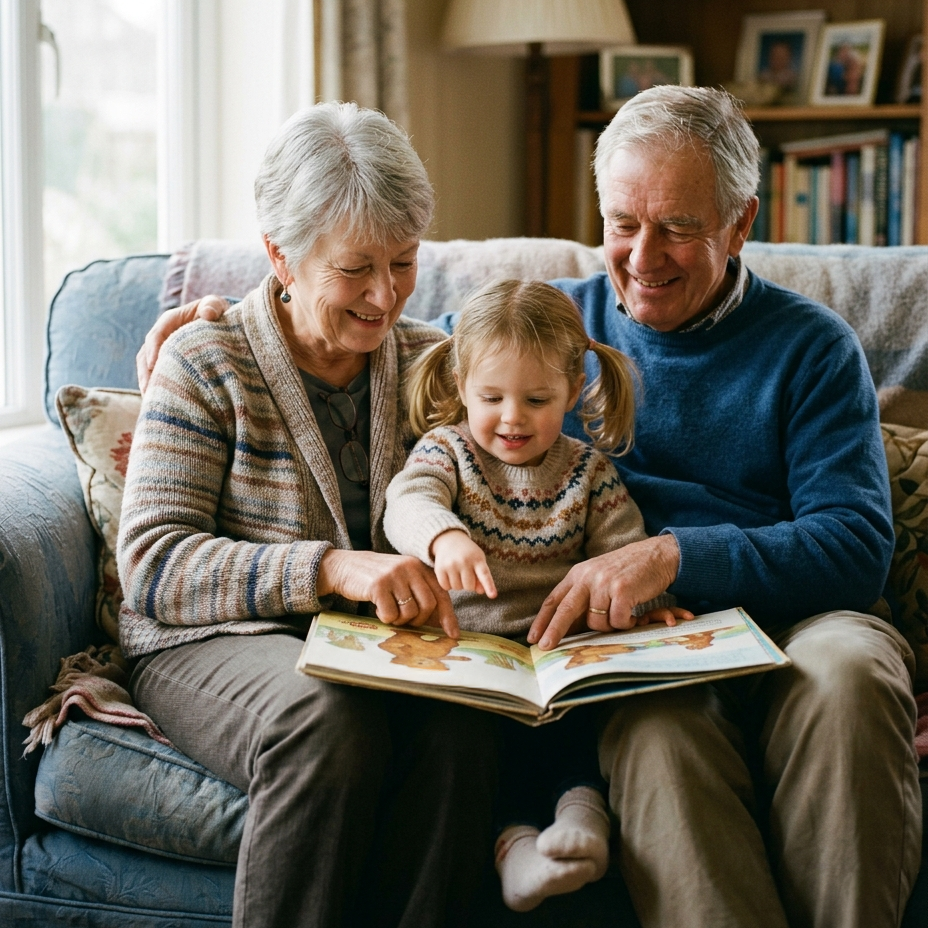 Des grands-parents lisent un livre de comptines à leur petite-fille, blottis ensemble