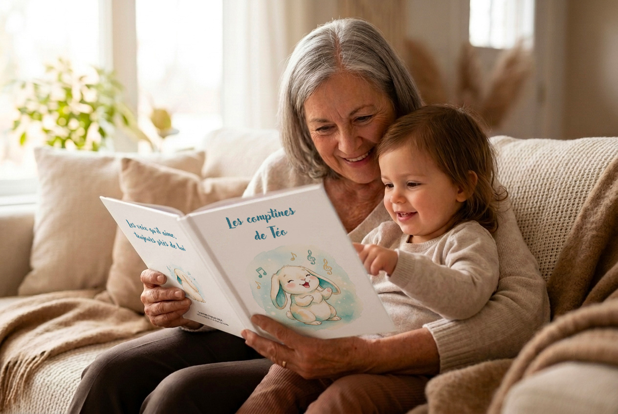 Une grand-mère et un enfant regardent ensemble le livre Chante-moi